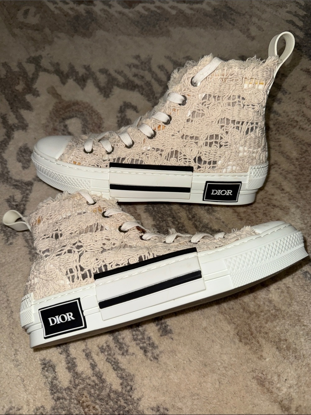 Dior High-Top Macrame Crochet Sneakers in Cream and White 7.5